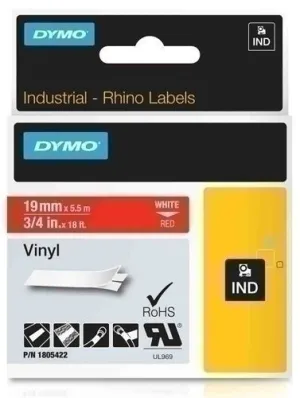 CINTA DE ROTULAR DYMO RHINO ID1 VINILO 5,5M 19MM BLANCO SOBRE ROJO (1805422)