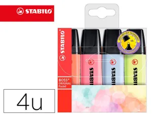 STABILO BOSS 70 PASTEL PACK DE 4 MARCADORES FLUORESCENTES - TRAZO ENTRE 2 Y 5MM - RECARGABLE - TINTA CON BASE DE AGUA - COLORES SURTIDOS