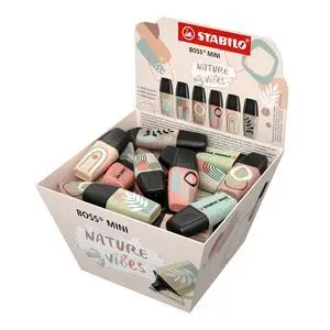 STABILO BOSS MINI NATUREVIBES EXPOSITOR CON 50 MARCADORES FLUORESCENTES - TRAZO ENTRE 2 Y 5MM - TINTA CON BASE DE AGUA - ANTISECADO - COLORES SURTIDOS