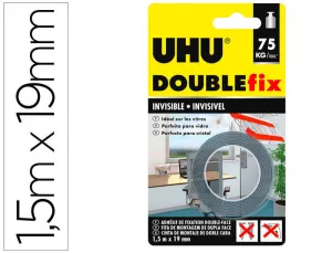 CINTA ADHESIVA UHU DOUBLEFIX INVISIBLE DOBLE CARA EXTRA FUERTE 1,5 M X 19 MM