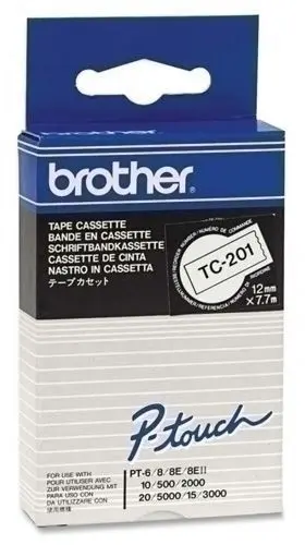 BROTHER TC201 CINTA LAMINADA ORIGINAL PARA ROTULADORA - TEXTO NEGRO SOBRE FONDO BLANCO - ANCHO 12MM X 7 METROS