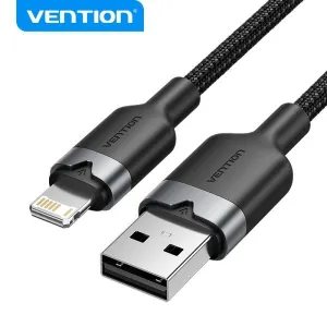 VENTION CABLE DE CARGA USB-A/LIGHTNING - ALUMINIO Y ALGODON TRENZADO - 480MBPS - 2.4A - 2M - COLOR NEGRO