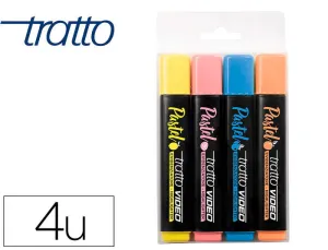 TRATTO VIDEO PASTEL PACK DE 4 MARCADORES FLUORESCENTES - PUNTA BISELADA - TINTA AL AGUA - SECADO RAPIDO - COLORES SURTIDOS