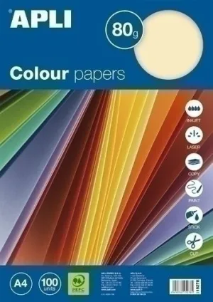 APLI PACK CON 100 HOJAS DE PAPEL A4 - 20 HOJAS POR COLOR - COLORES SURTIDOS PASTEL