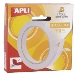 APLI CINTA ADHESIVA DOBLE CARA 15MM X 20M - FACIL DE CORTAR Y APLICAR - ADHESION FUERTE Y DURADERA - TRANSPARENTE TRANSPARENTE
