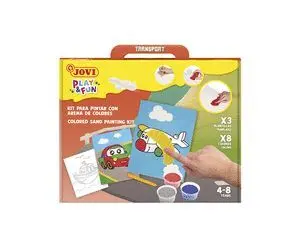 JOVI PLAY & FUN KIT PINTA CON ARENA TRANSPORT CON 8 BOTES DE ARENA + 1 PUNZON + 3 LAMINAS CON DISEñOS DE TRANSPORTES - COLORES SURTIDOS