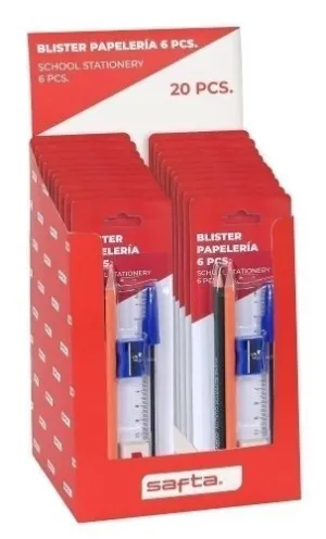 SET PAPELERIA SAFTA 6 PIEZAS EXPOSITOR DE 20 (2X LAPIZ HB, 1X BOLIGRAFO AZUL, 1X AFILA, 1X GOMA, 1X REGLA 15 CM.)