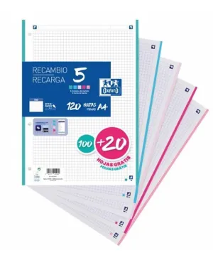 OXFORD 5 RECAMBIO DE 120 HOJAS FORMATO A4 CUADRICULADO 5X5MM 4 TALADROS - BANDA DE 5 COLORES VIVOS