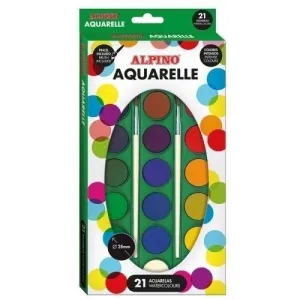 ALPINO PACK DE 21 ACUARELAS + 2 PINCELES - 28MM DE DIAMETRO - COLORES SURTIDOS