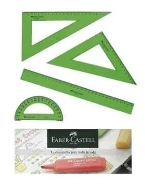 FABER-CASTELL PACK ESCOLAR DE 4 REGLAS - REGLA RECTA - TRANSPORTADOR - ESCUADRA - CARTABON - COLOR VERDE TRANPARENTE