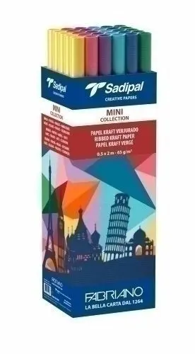 PAPEL DE EMBALAR KRAFT ROLLO SADIPAL MINI 0,5 X 2 M EXPOSITOR DE 30   (5 X 6 COLORES)