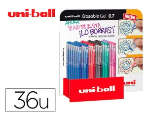 UNI-BALL ERASABLE UF-222 EXPOSITOR DE 36 ROLLERS DE GEL BORRABLE - PUNTA DE BOLA 0.7MM - TINTA TERMOSENSIBLE - DOBLE GOMA BORRADORA - COLORES SURTIDOS