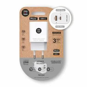 TECHONETECH CARGADOR DE PARED PD + QC 25W 1 PUERTO USB-C 3A + 1 PUERTO USB-A